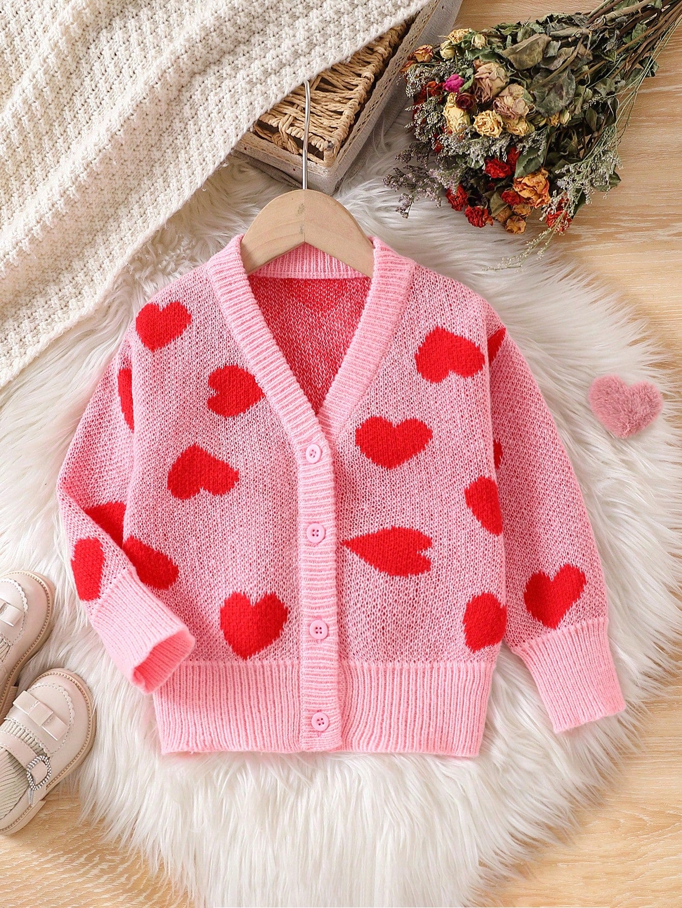 Young Girl Front Button Allover Heart Knitted Cardigan, Casual Everyday Wear