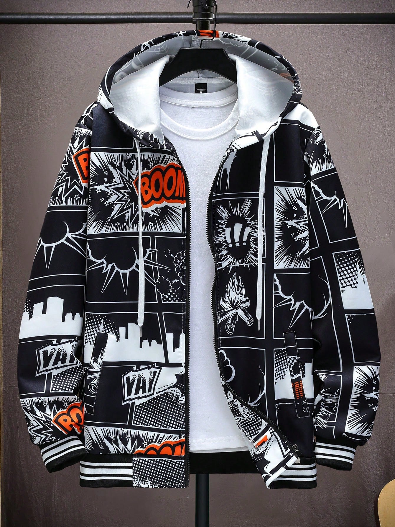 Men 1pc Pop Art Print Zip Up Drawstring Hooded Jacket