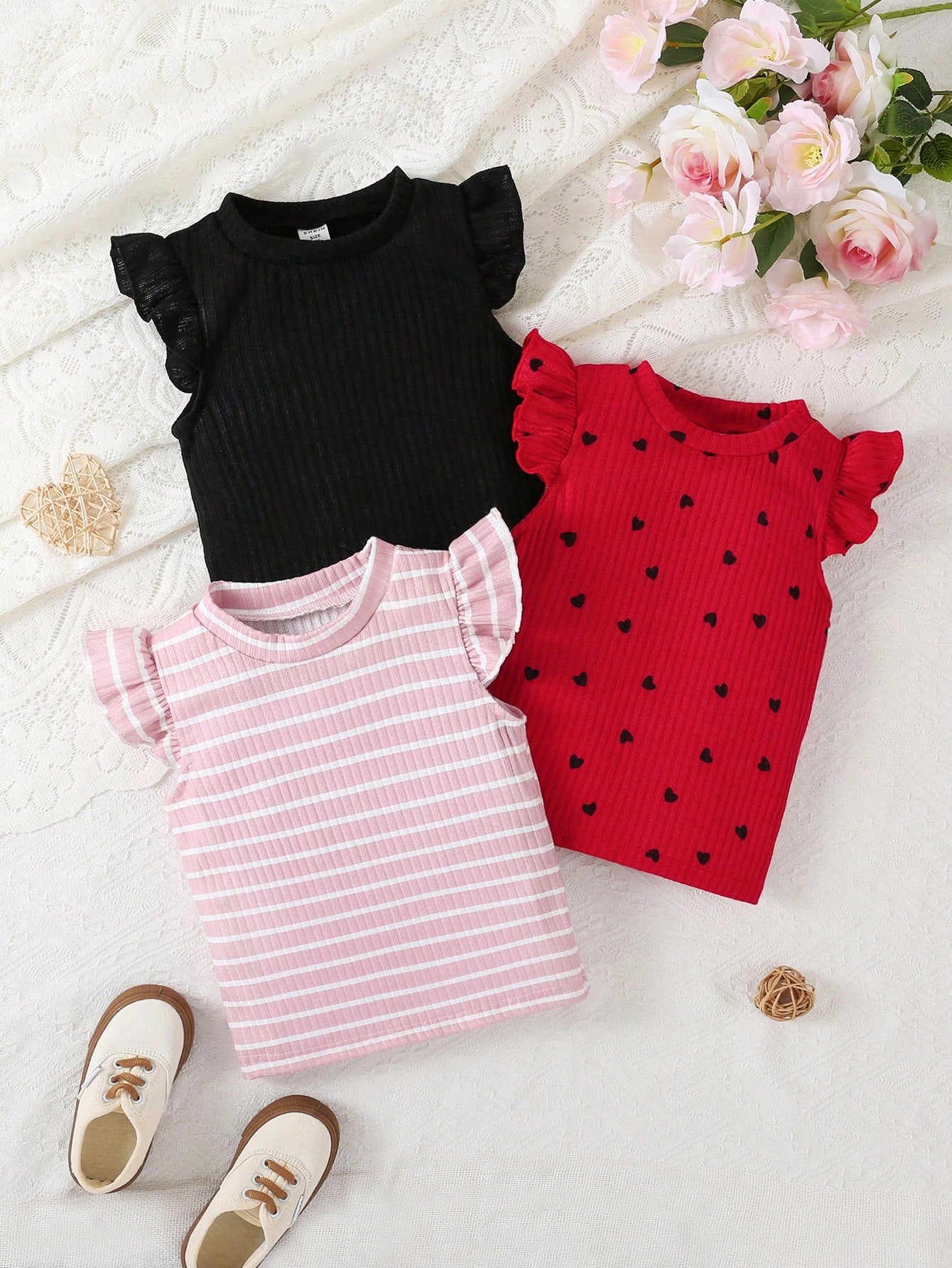 Young Girl's Heart Print Ruffle Armhole Rib-Knit Tank Top