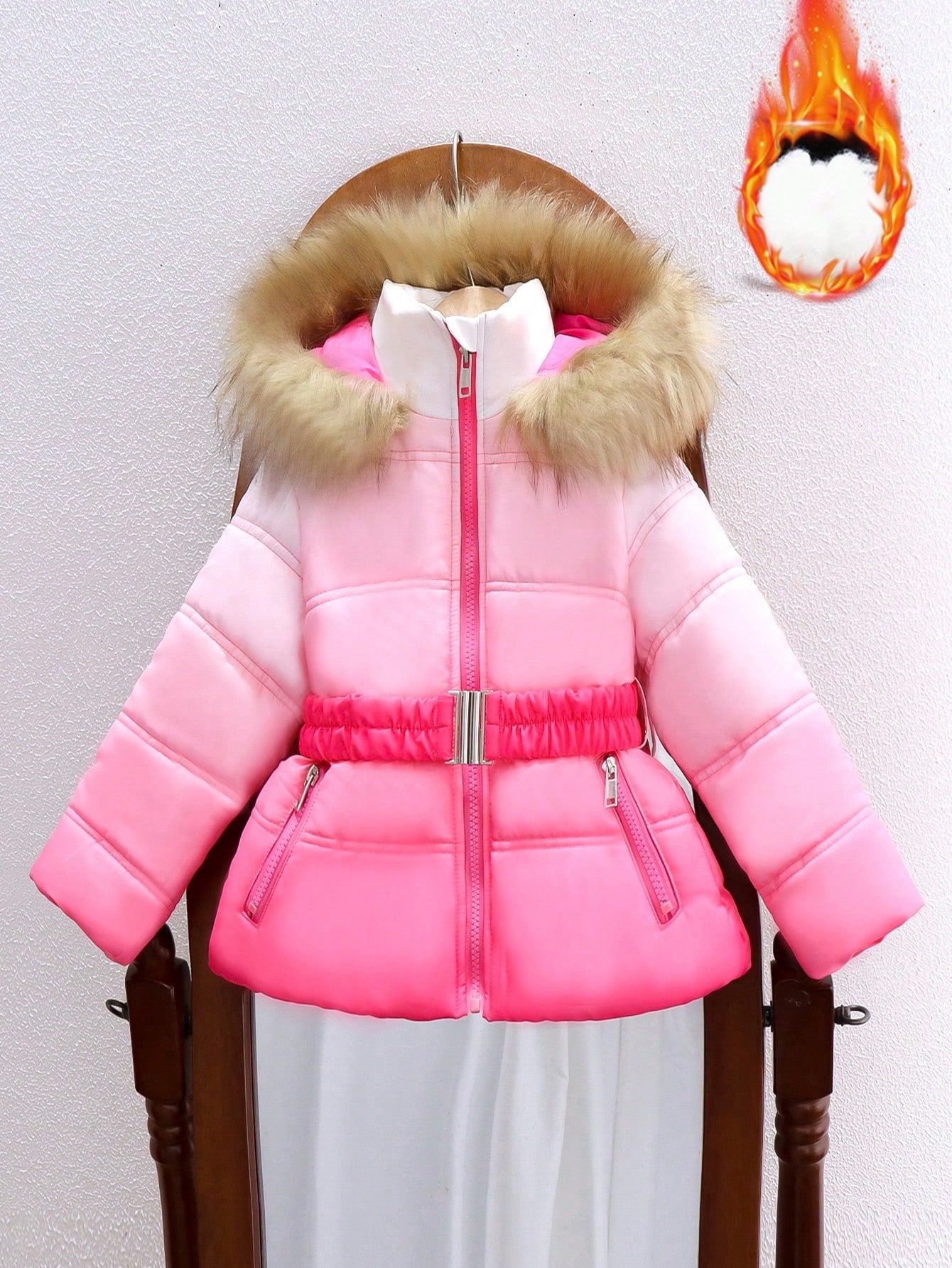 Girls' Rainbow Print Warm Hooded Zipper Coat With Faux Fur Collar, Winter