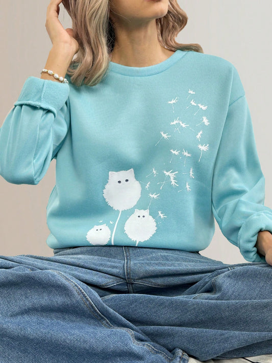 Women's Fashionable Cat & Dandelion Printed Round Neck Long Sleeve Sweatshirt