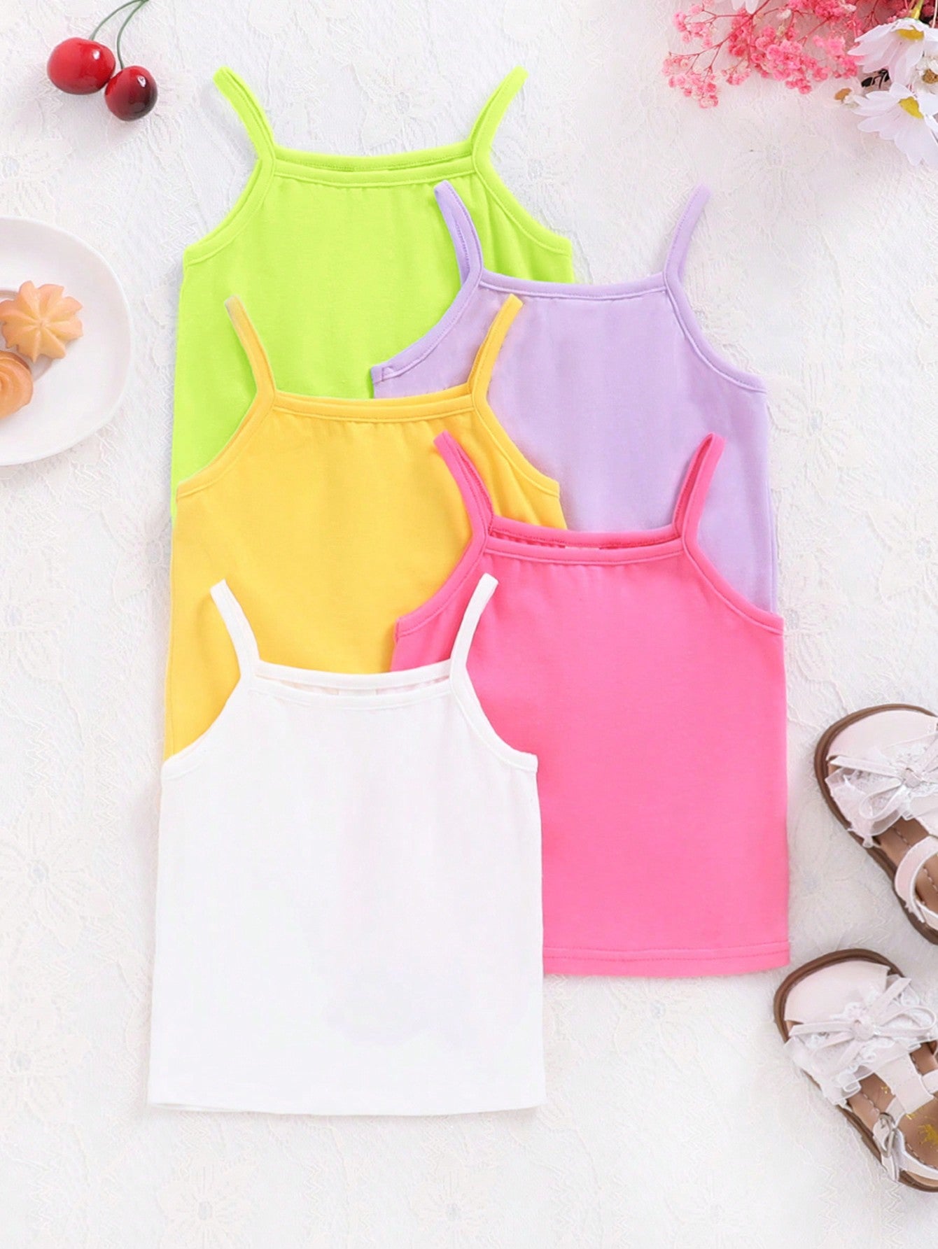 Young Girl 5pcs Solid Knitted Sleeveless Casual Camisole Top Set