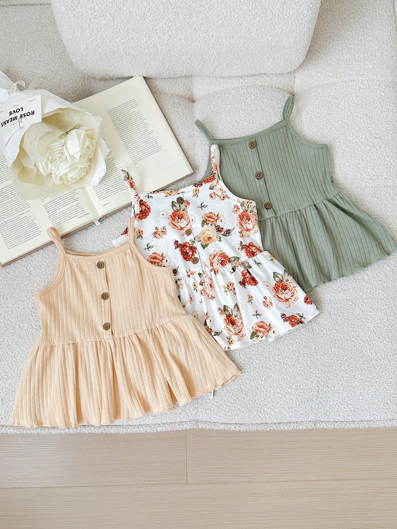 Young Girl 3pcs Set Decorative Buckle, Ruffle Hem, Cute And Casual Camisole Tank Tops