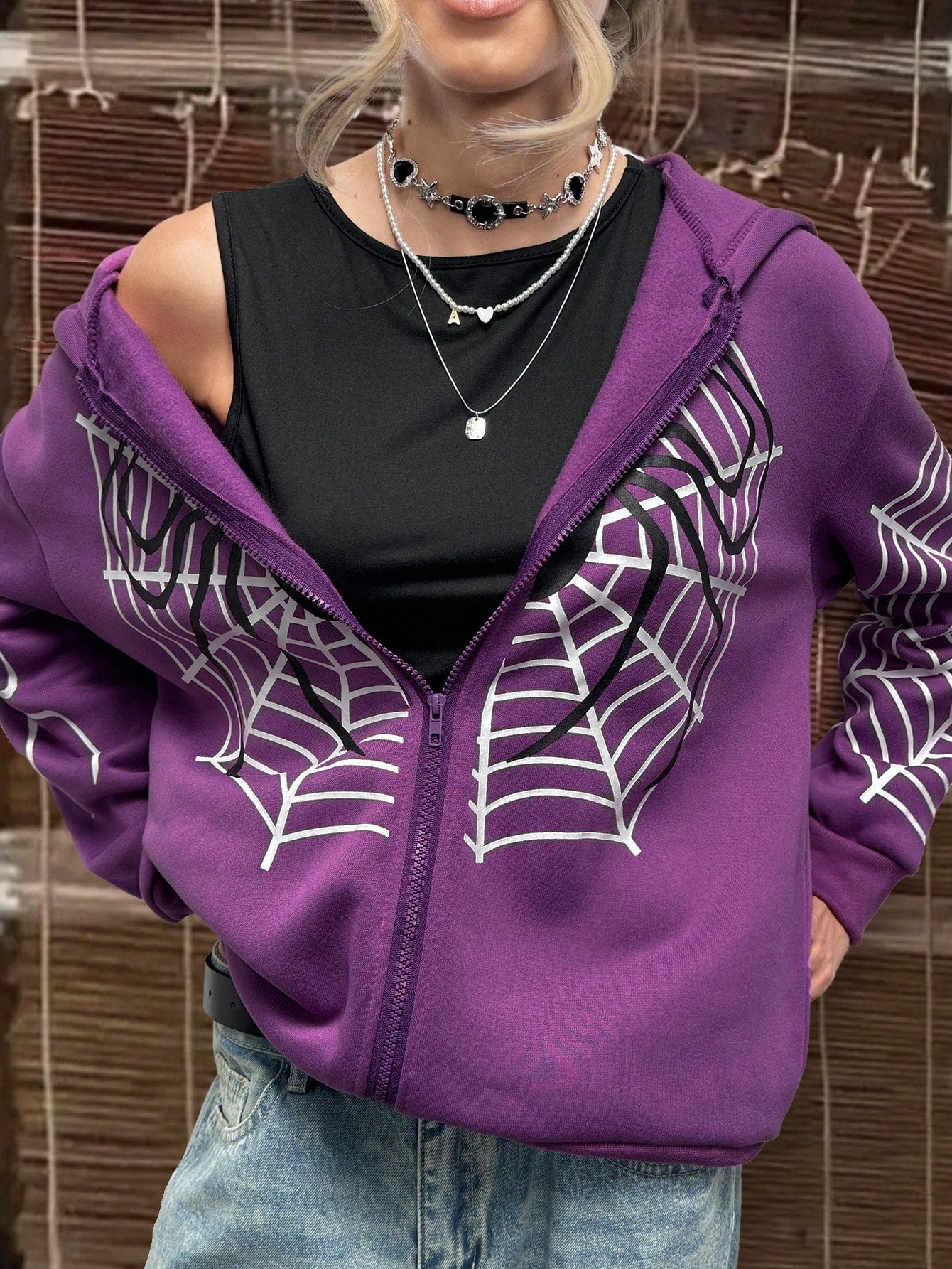 Women's Spider Web Pattern Zip Up Hoodie