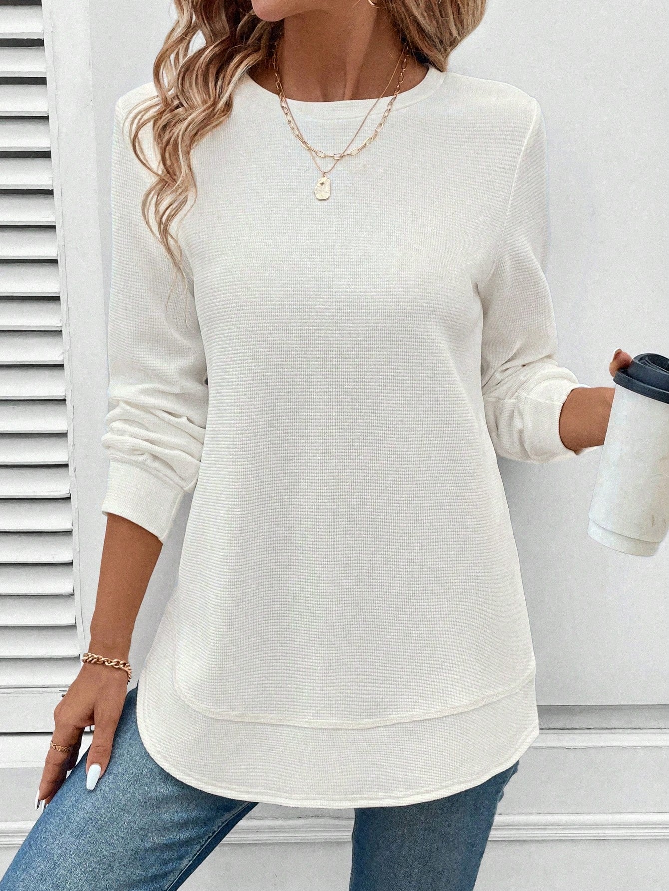 Women's Basic Style Asymmetrical Hem Waffle Texture Casual Comfortable Sweatshirt