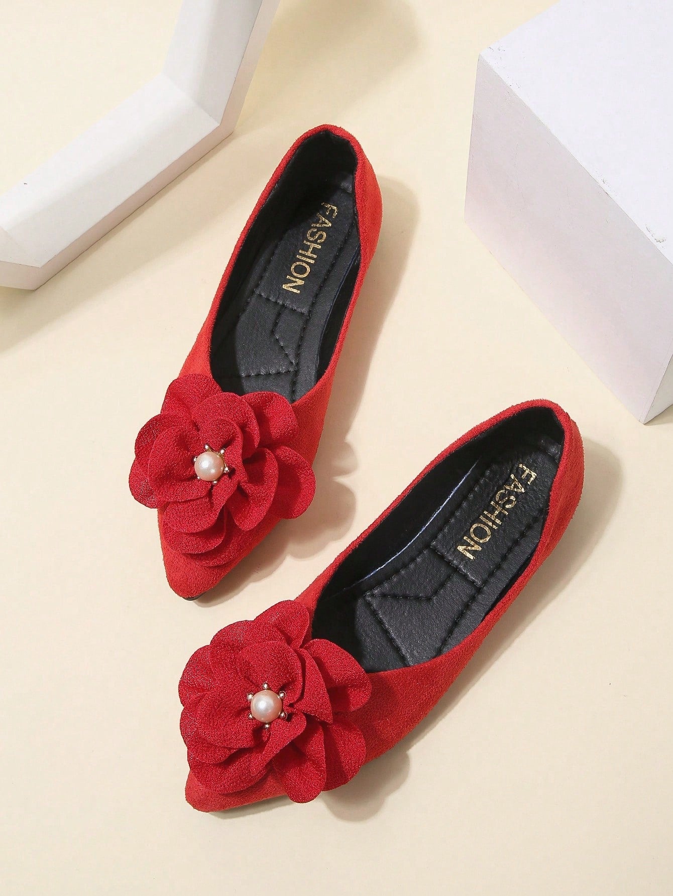 Faux Suede Flower Decor Point Toe Ballet Flats