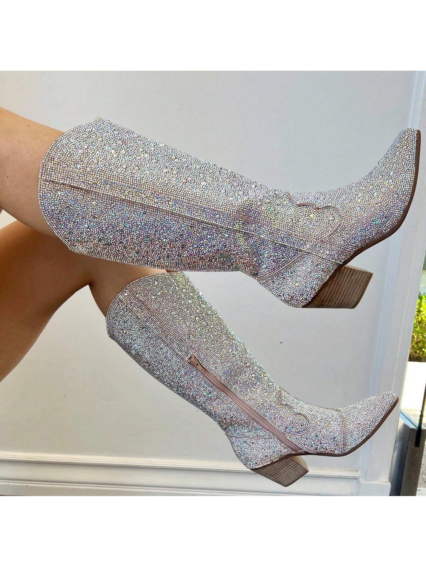 Rhinestone Western Cowboy Boots For Women Sparkly Cowgirl Boots Wide Calf Glitter Bling Ladies Mid Calf Boots Shiny Boots Diamond Chunky Heel Party Girls Graduation Prom Shows Fashion Outdoor Shoes Daily Wear Silver