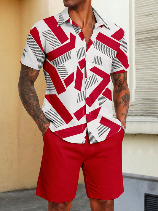 Plus Size Men's Simple Printed Short Sleeve Shirt And Solid Color Shorts Set