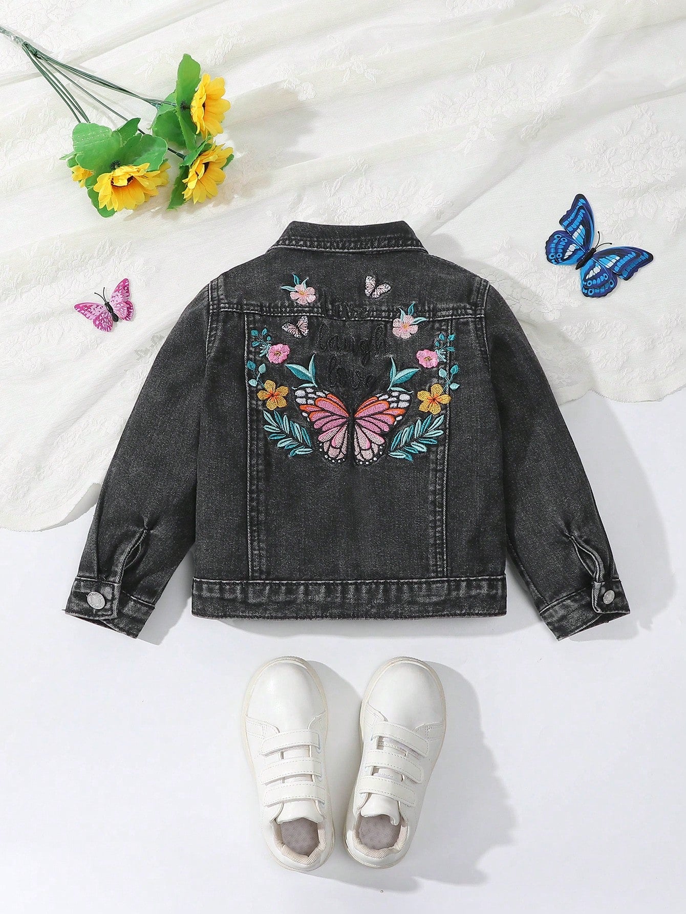 Young Girls' Spring And Autumn Butterfly Embroidery Slogan Long Sleeve Casual Denim Jacket