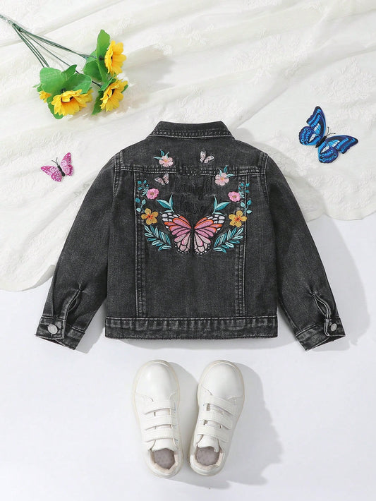 Little Girls Collared Button Front Long Sleeve Pocket Butterfly Embroidery Simple Denim Jacket