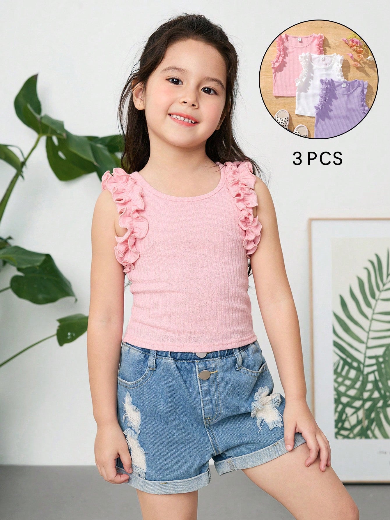 Young Girl Knitted Solid Color Sleeveless Top With Ruffle Hem, Three-Piece Set