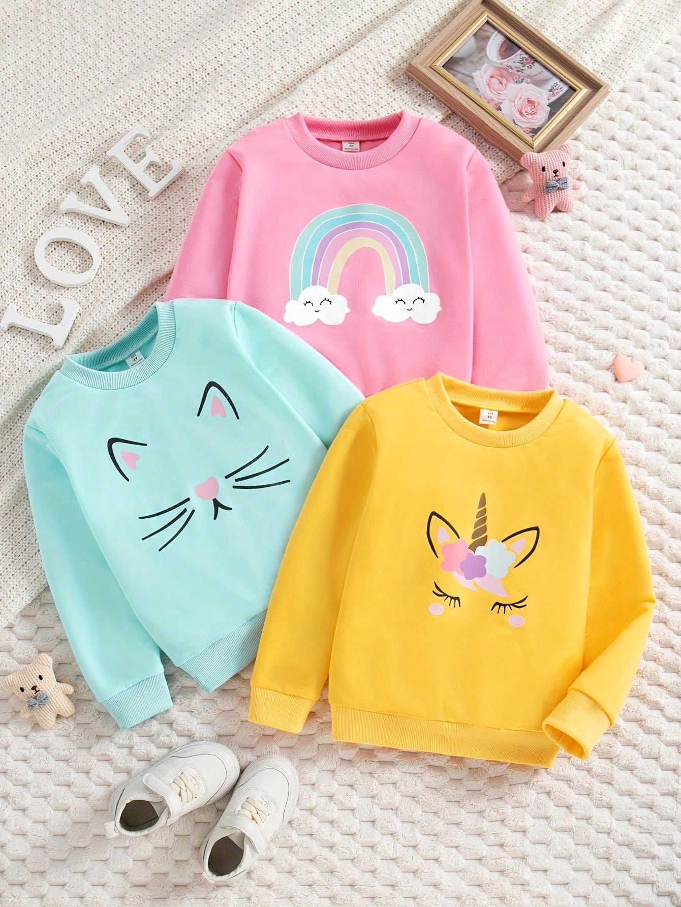 3pcs/Set Girls Animal & Rainbow Printed Long Sleeve Crew Neck Sweatshirts, Toddler & Young Girl