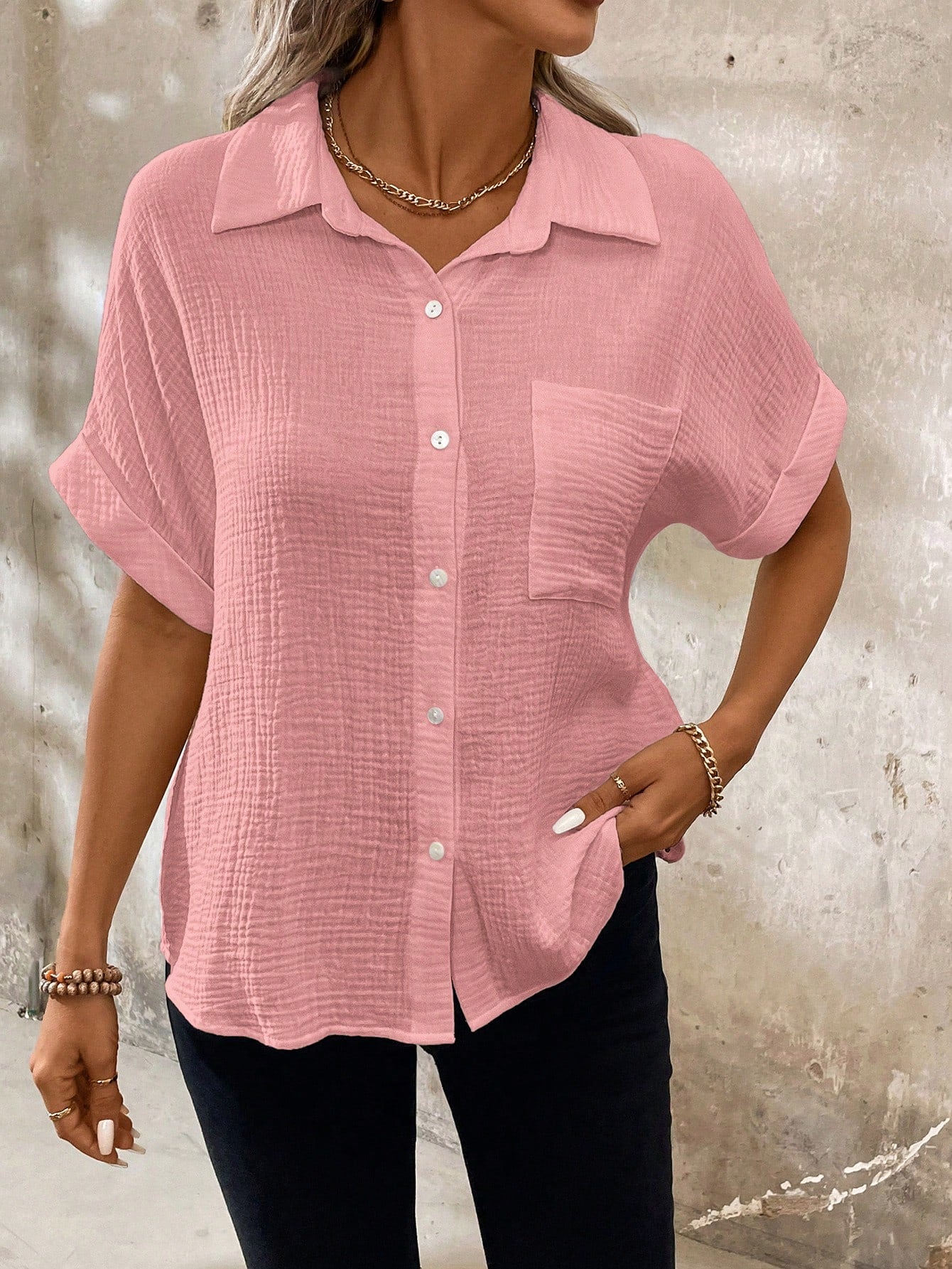 Women Solid White Dual-Layered Gauze Pocket Lapel Button Down Casual Shirt With Short Sleeves