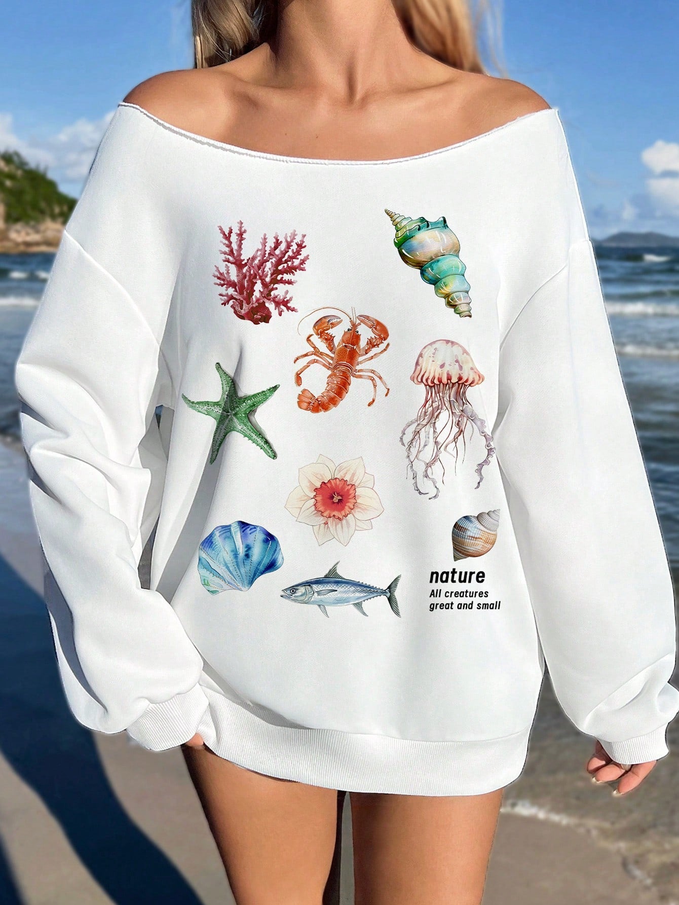 Women's White Loose Oversized Off-Shoulder Long Sleeve Sweatshirt For Casual Wear