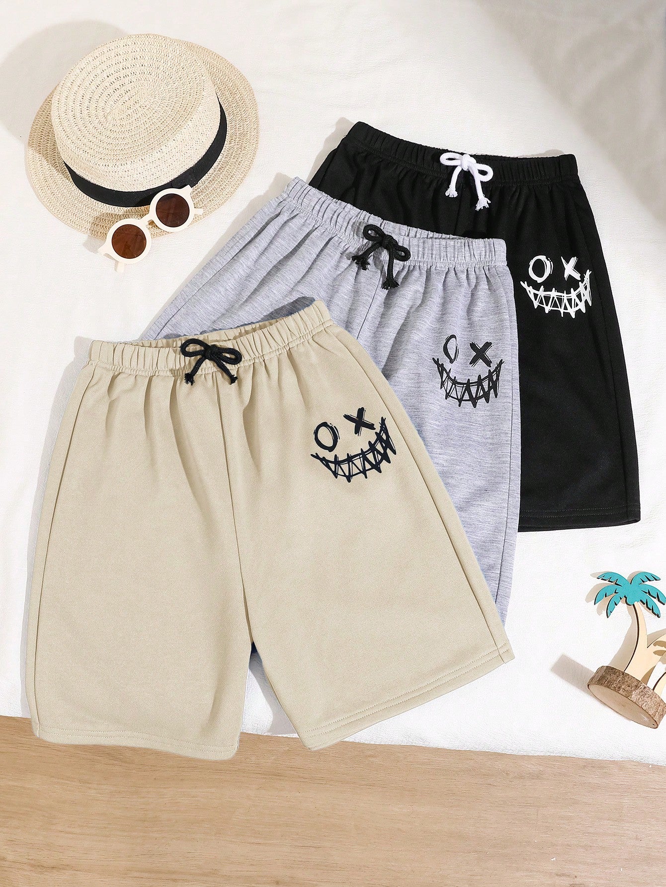 Tween Boy 3pcs/Set Vacation Style Printed Straight Loose Knitted Shorts, One In Each Of Three Colors