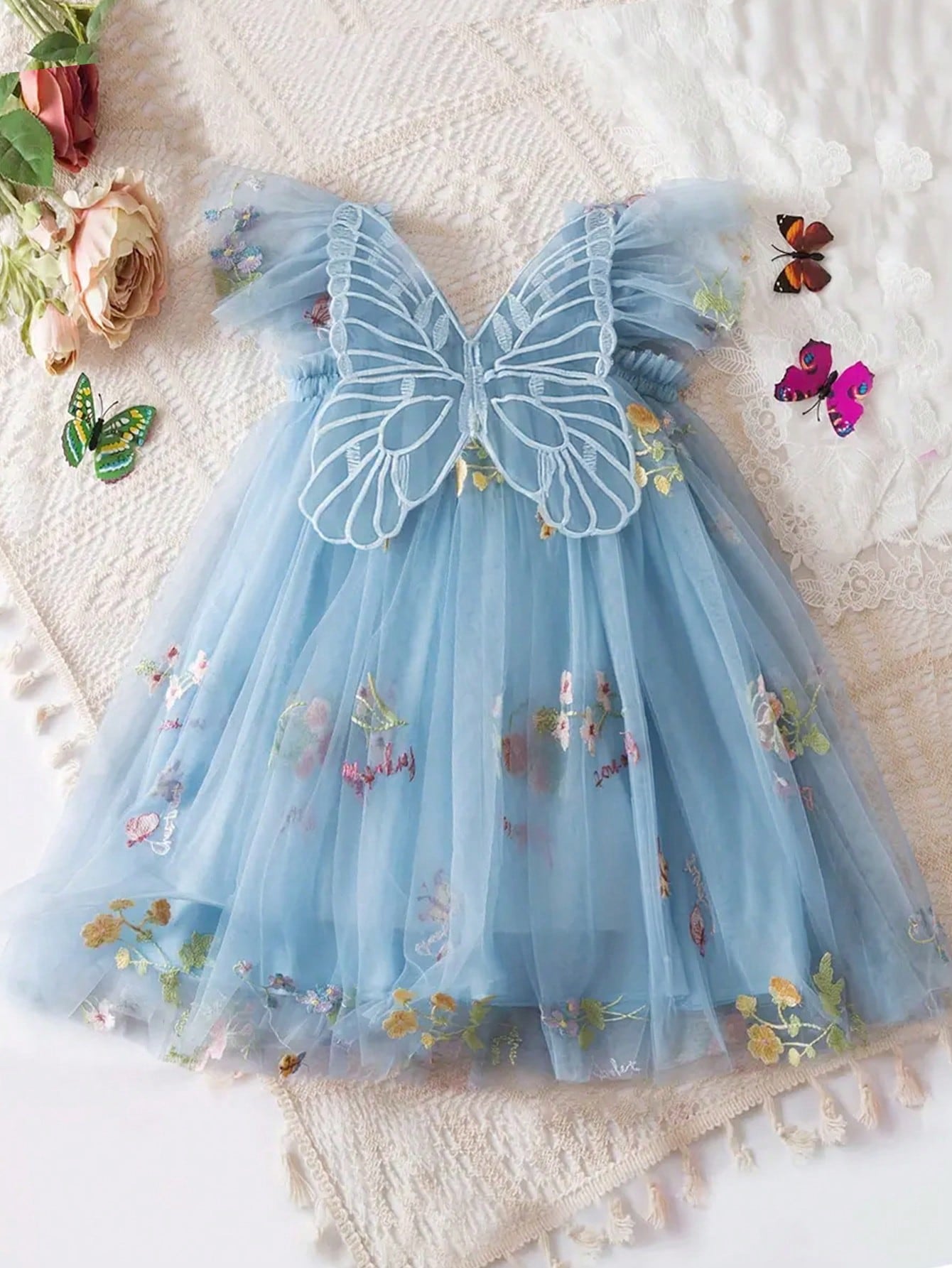 1pc Girls' Lovely Ladylike Princess Dress With 3D Butterfly Decoration, Flying Sleeves, Floral Embroidery, And Puffy Tulle Skirt, Perfect For Parties, Birthdays, Beach Vacations, And Other Special Occasions, Spring/Summer/Autumn