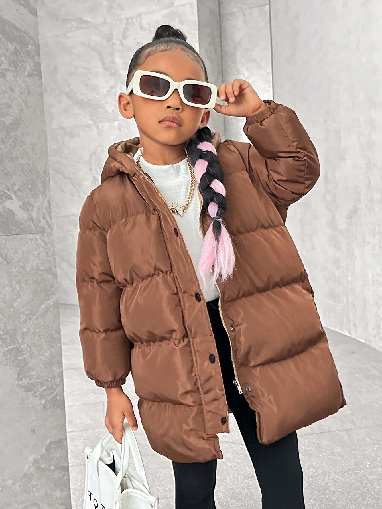 Young Girl Solid Color Hooded Loose Thick Mid-Long -Padded Coat