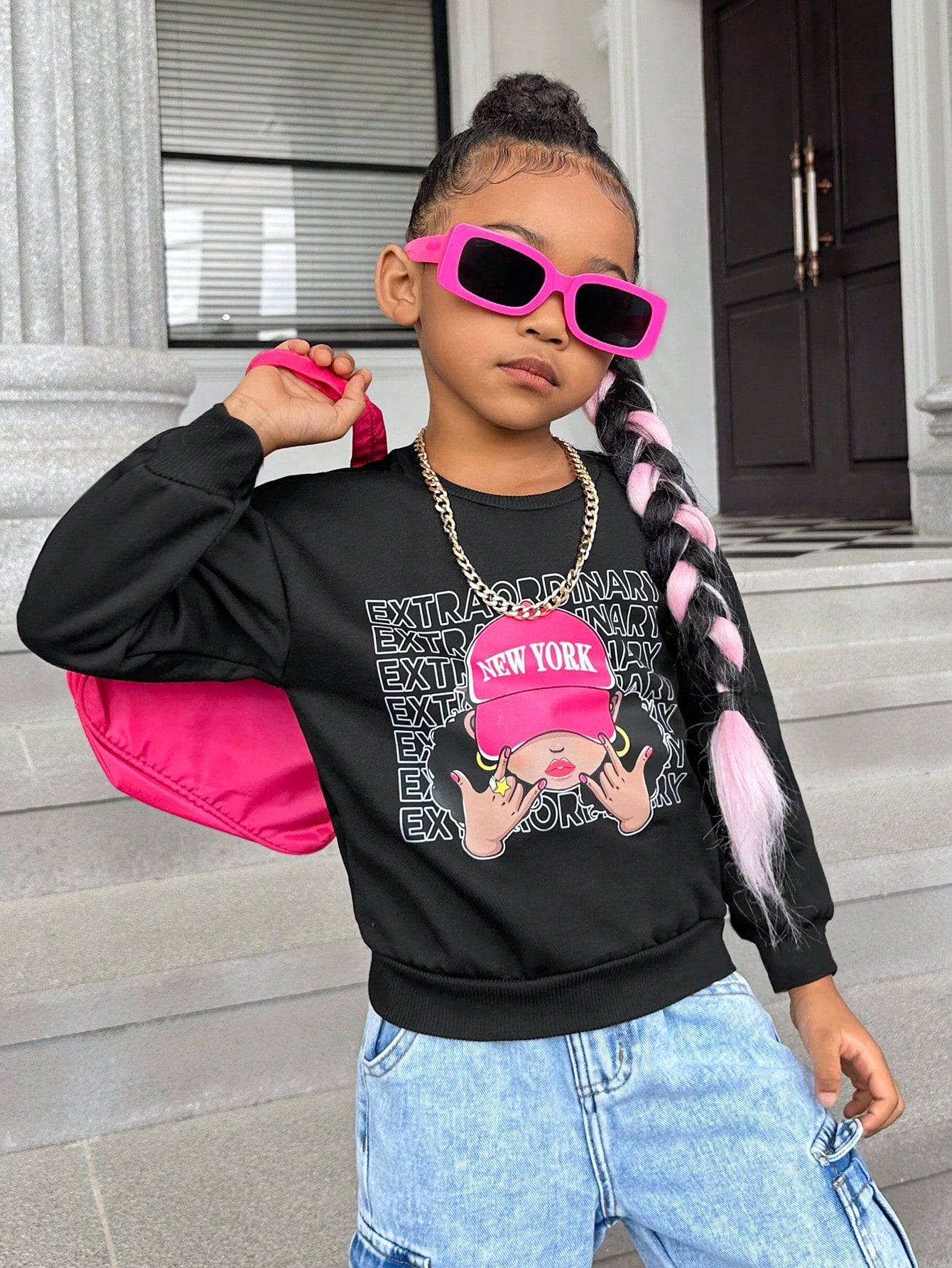 Young Girl Casual Long Sleeve Cartoon & Letter Print Fleece Pullover Sweatshirt With Round Neck, Suitable For Autumn & Winter