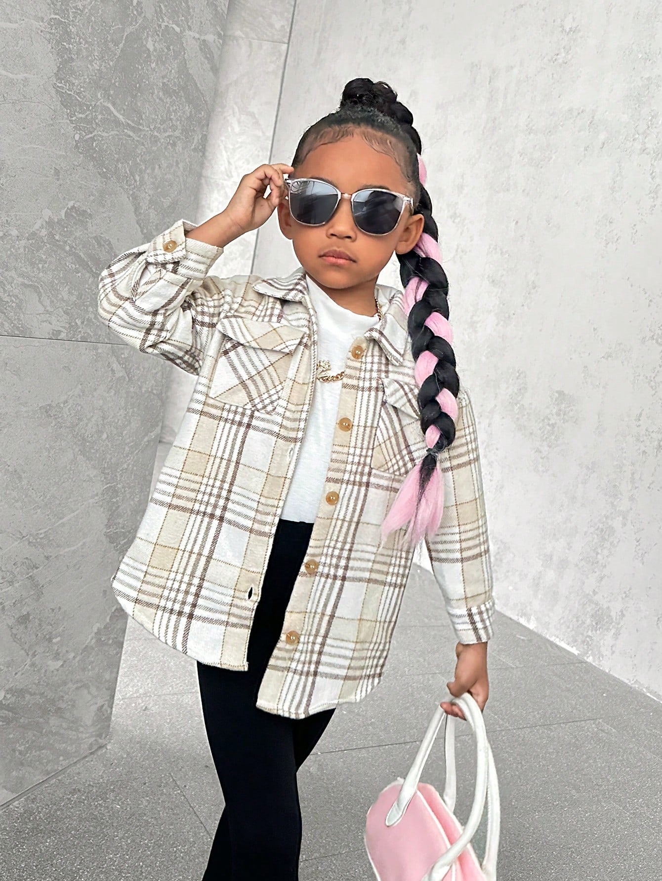 Young Girl Plaid Print Flap Pocket Overcoat