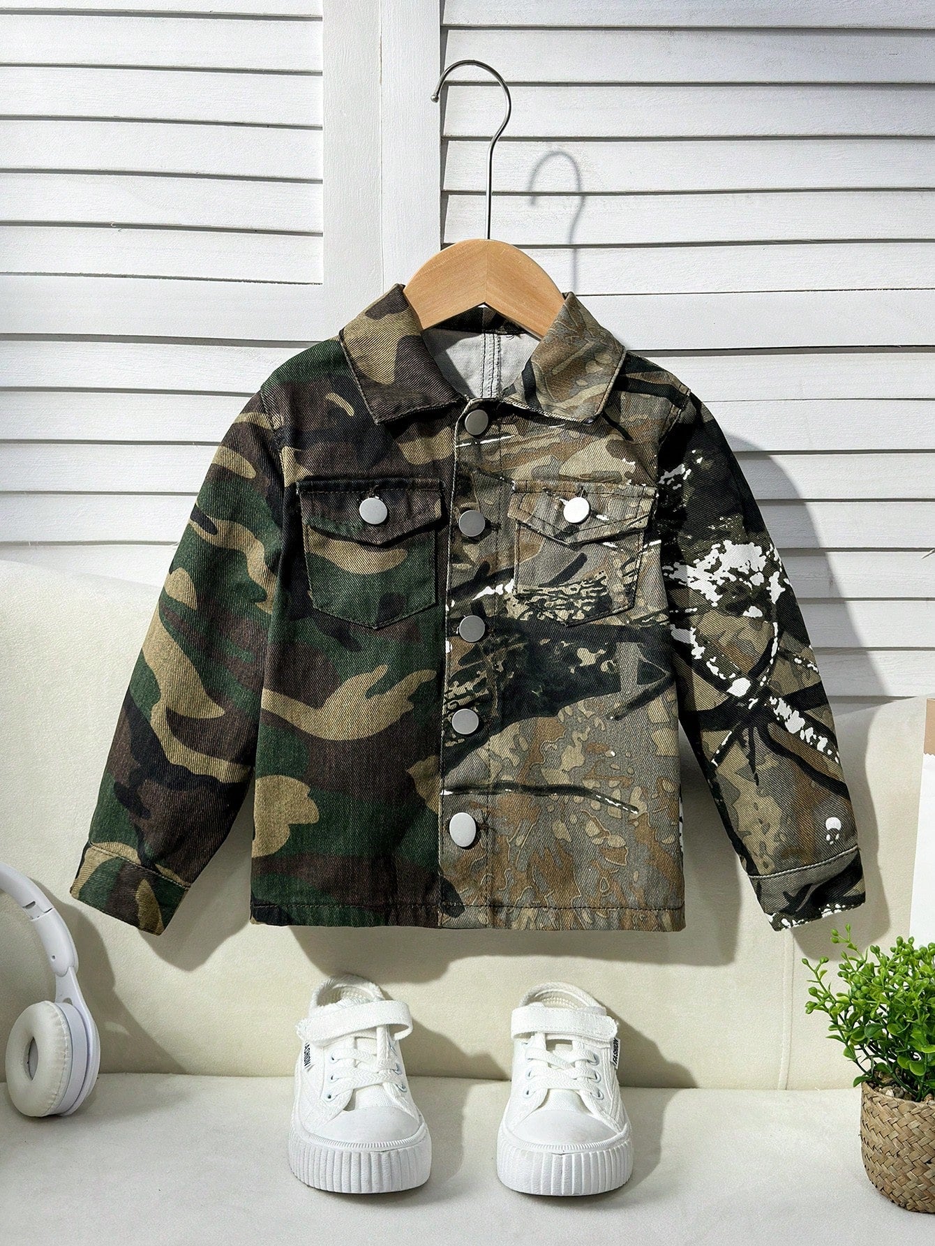 Streecool Kids Young Boy Boho Street Contrast Camoflauge Print Flat Pockets Denim Shirt Jacket