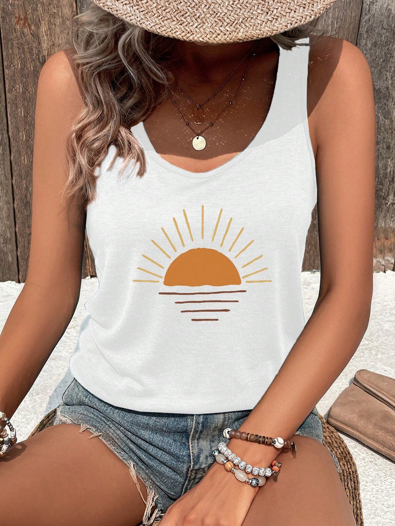 Women's Summer Sunset Printed Casual Tank Top With Round Neck