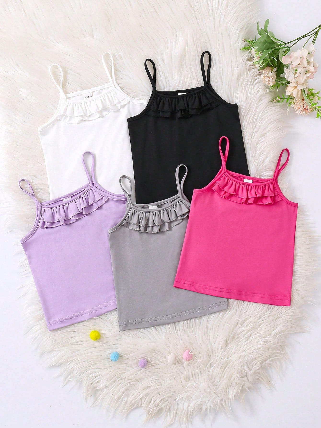 Young Girl Solid Color Ruffle Edge Cami Top Set, Pack Of 5