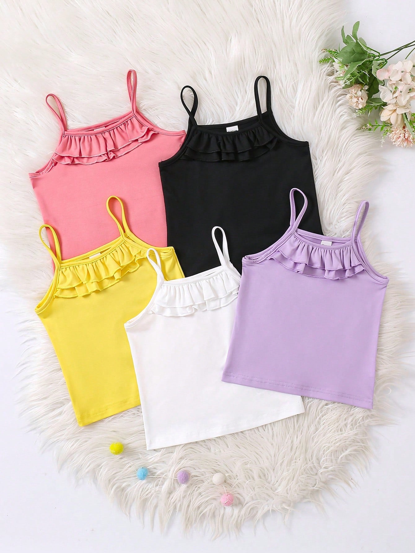 Young Girl Solid Color Ruffle Edge Cami Top Set, Pack Of 5