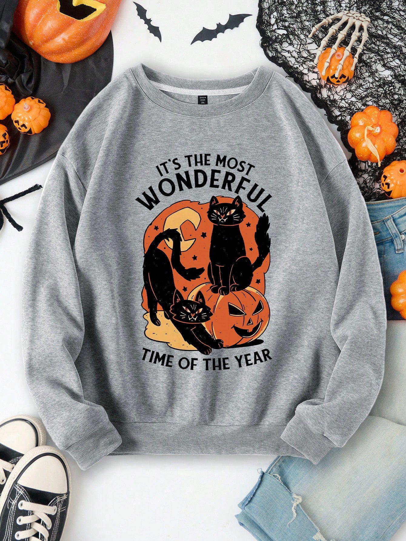 Plus Size Women's Halloween SPOOKY Letter Print Crew Neck Long Sleeve Sweatshirt Sports Wear