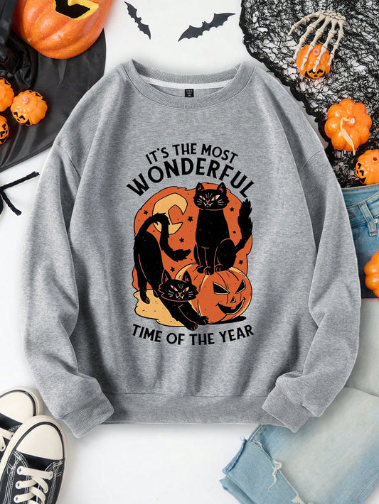 Plus Size Women's Halloween SPOOKY Letter Print Crew Neck Long Sleeve Sweatshirt Sports Wear