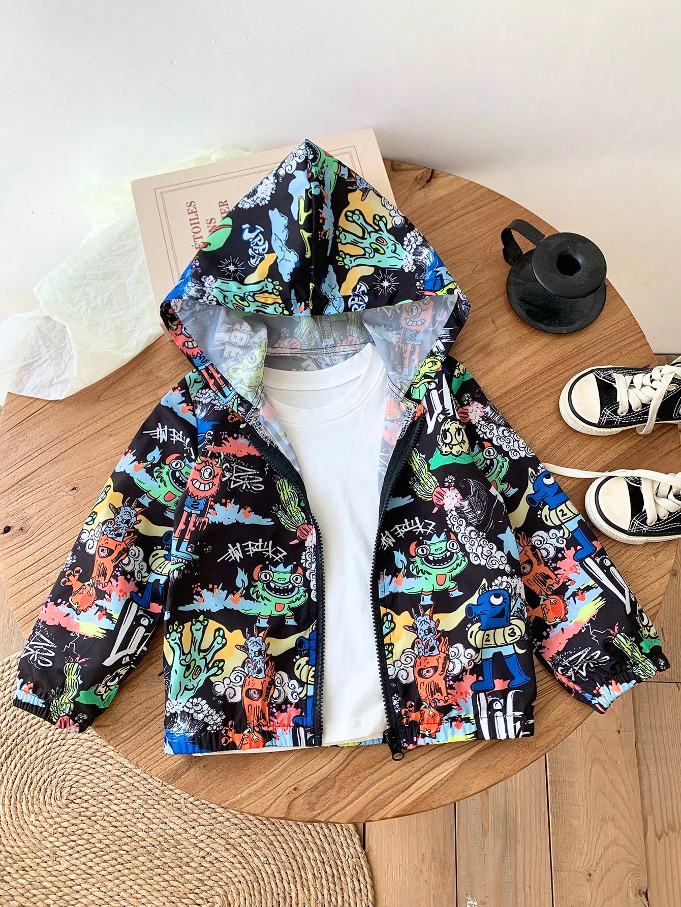 Streecool Kids Young Boy Fun Cute Monster Graffiti All-Over Allover Print Hooded Jacket. Suitable For Autumn/Winter Wear, The Graffiti Cartoon Monster Print Design Is Full Of Fun And Childlike Innocence, Showcasing A Unique Personal Style. The All-Over Al