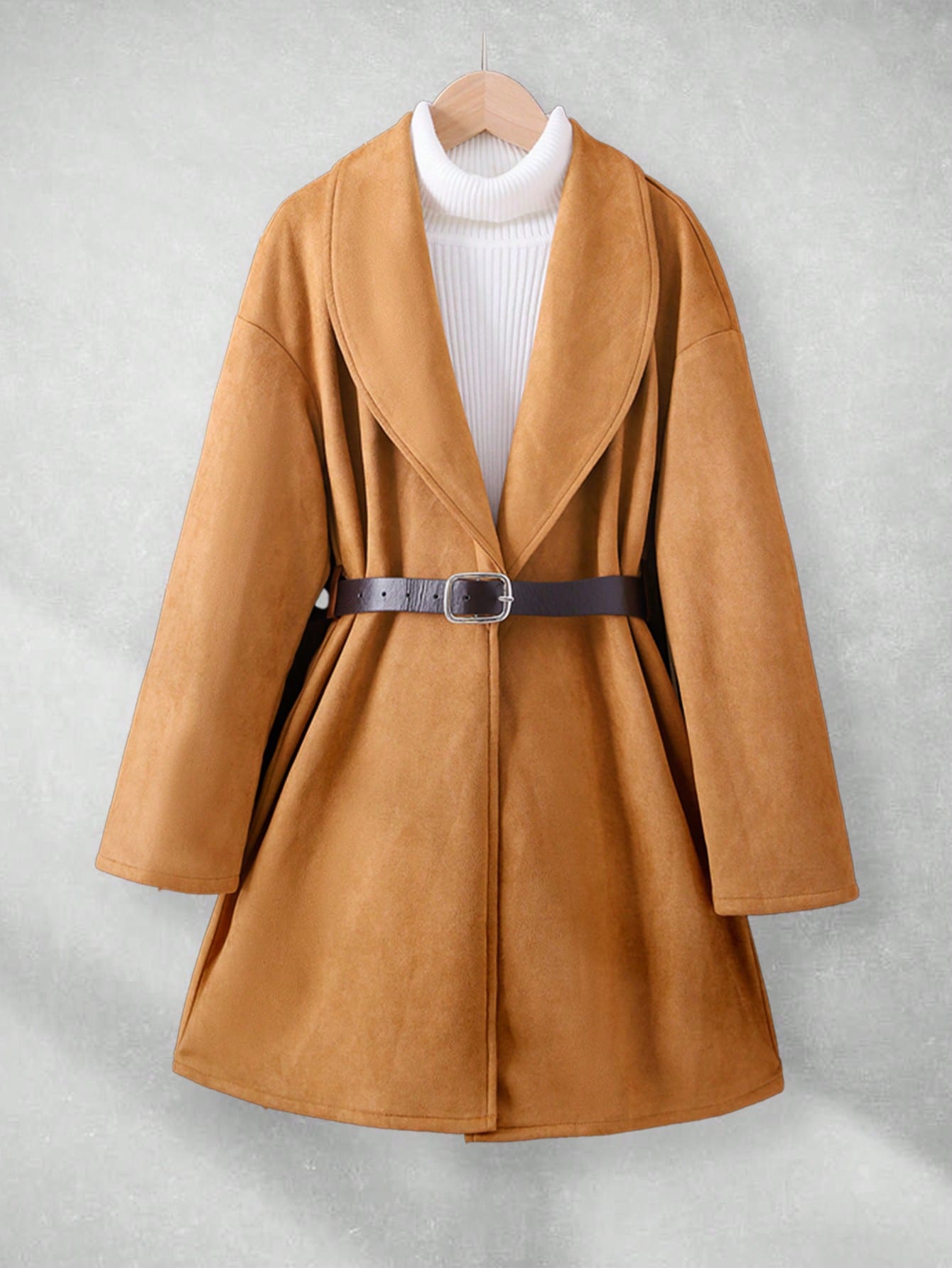 Big Girl Camel Turndown Collar Faux Suede Belt Decor Elegant Jacket