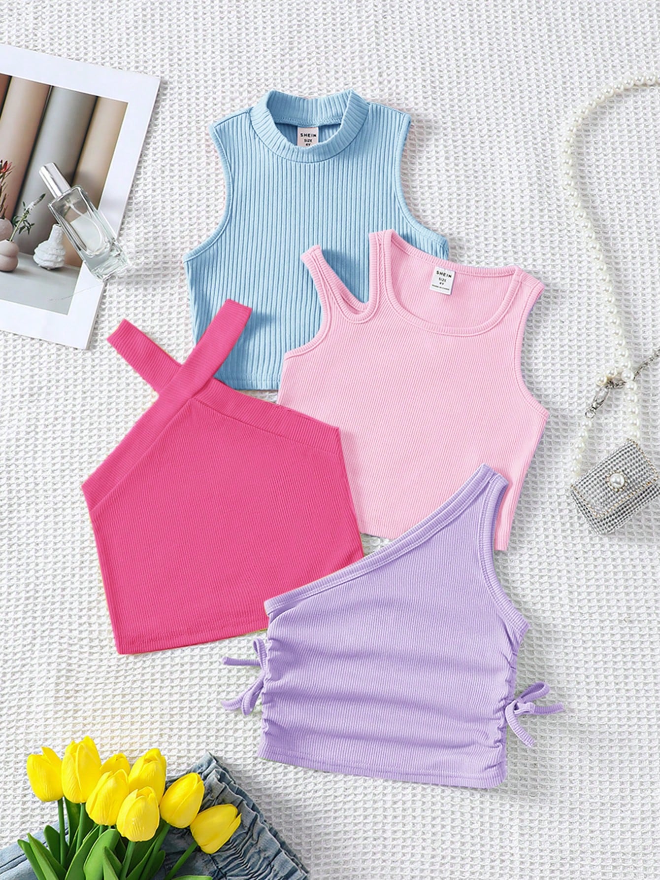 Young Girl Knitted Sleeveless Top & Shorts Set, , Solid Color, 4pcs/Set