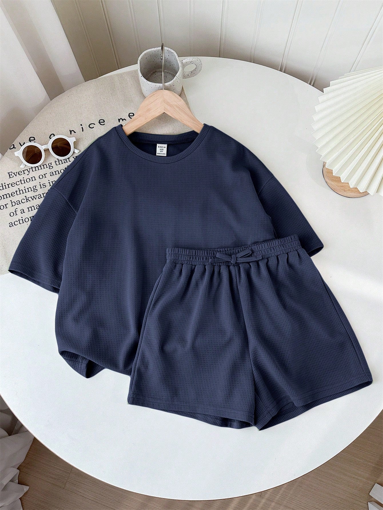 Tween Girl Solid Color Knitted Short Sleeve Round Neck Top And Loose Shorts Casual Two-Piece Outfit