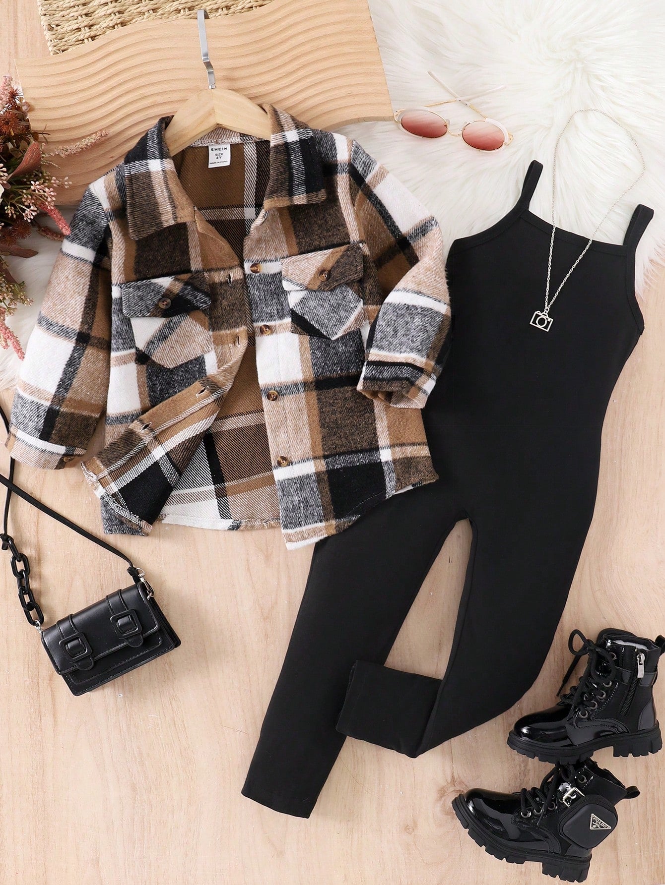 Young Girl Grid Shirt Coat And Casual Minimalist Suspender Jumpsuit Two-Piece Set