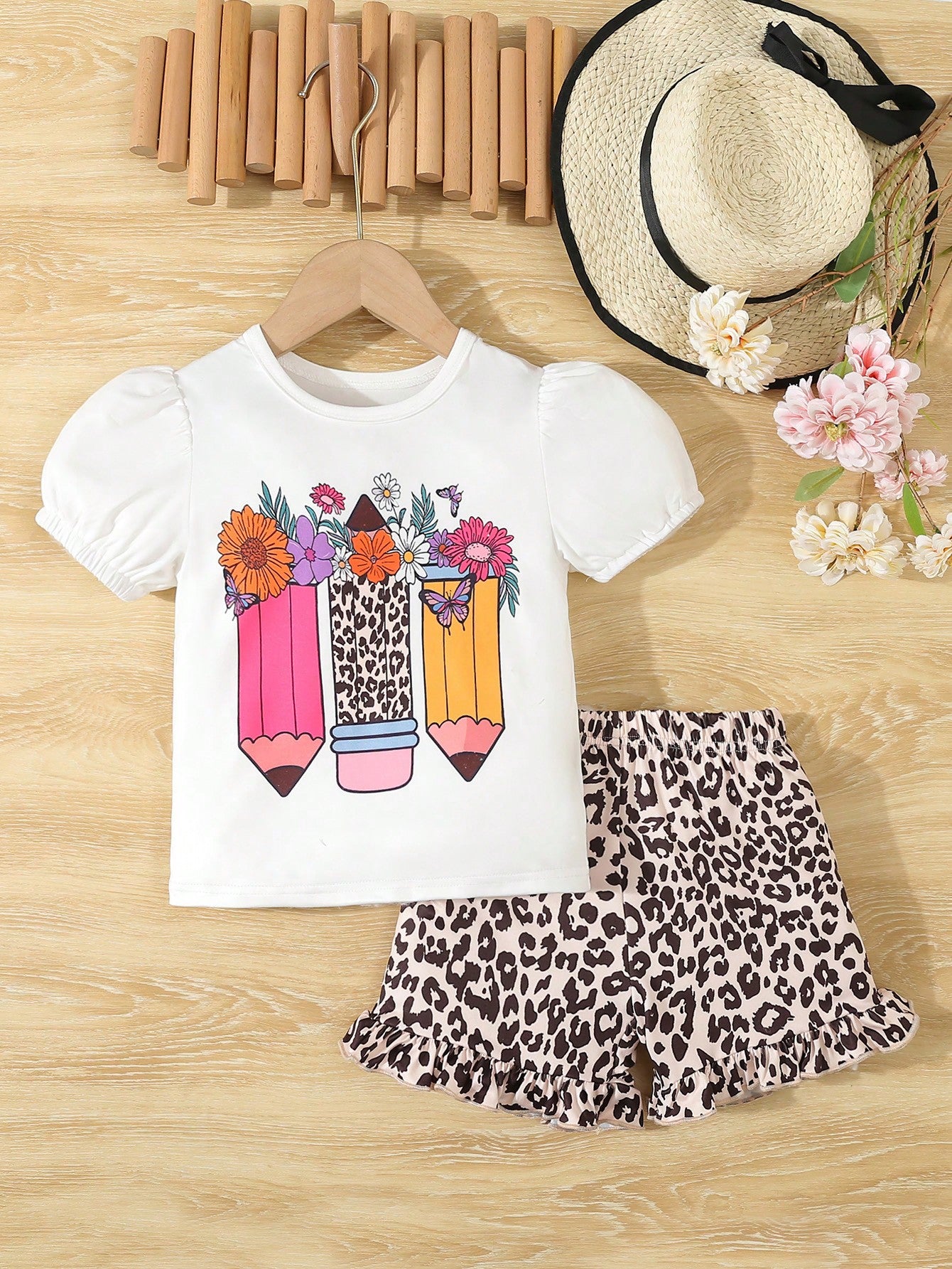 Young Girl Casual 2pcs Set For Back To School Season, Pencil Pattern And Leopard Print