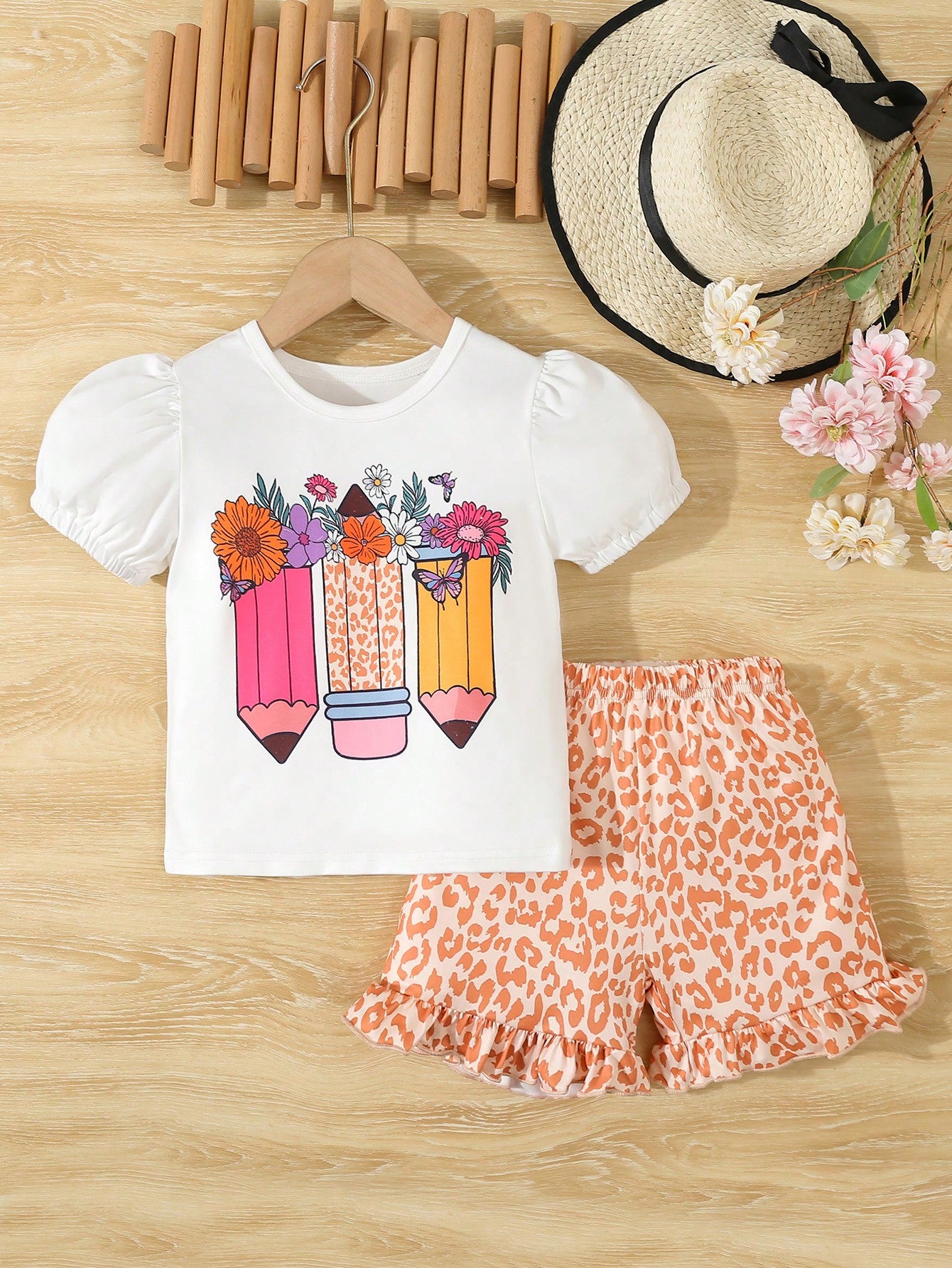 Young Girl Casual 2pcs Set For Back To School Season, Pencil Pattern And Leopard Print