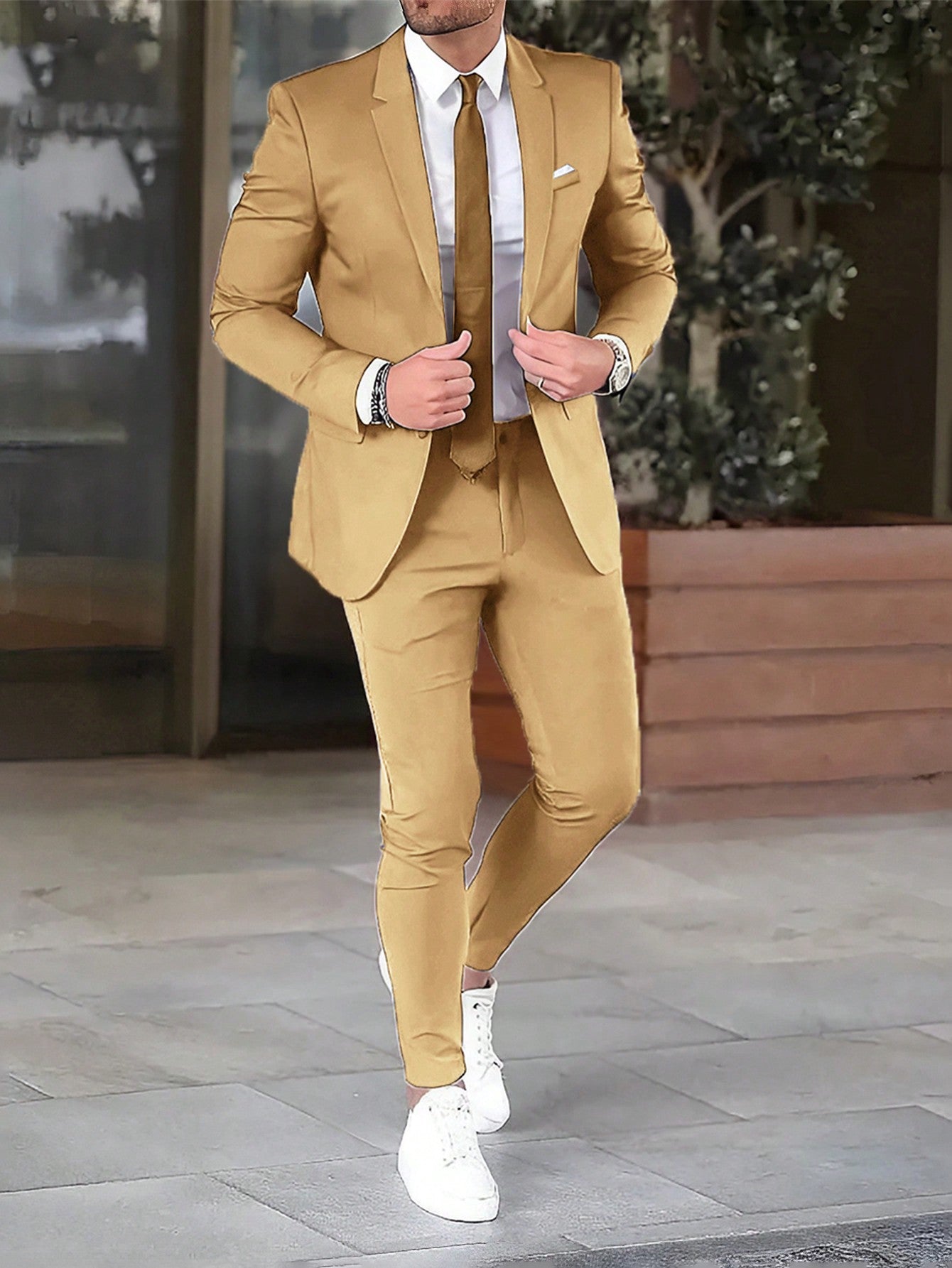 Men's Spring & Autumn Plain Suit With Contrast Collar, Long Sleeve Jacket And Pants, For Daily Or Business Travel