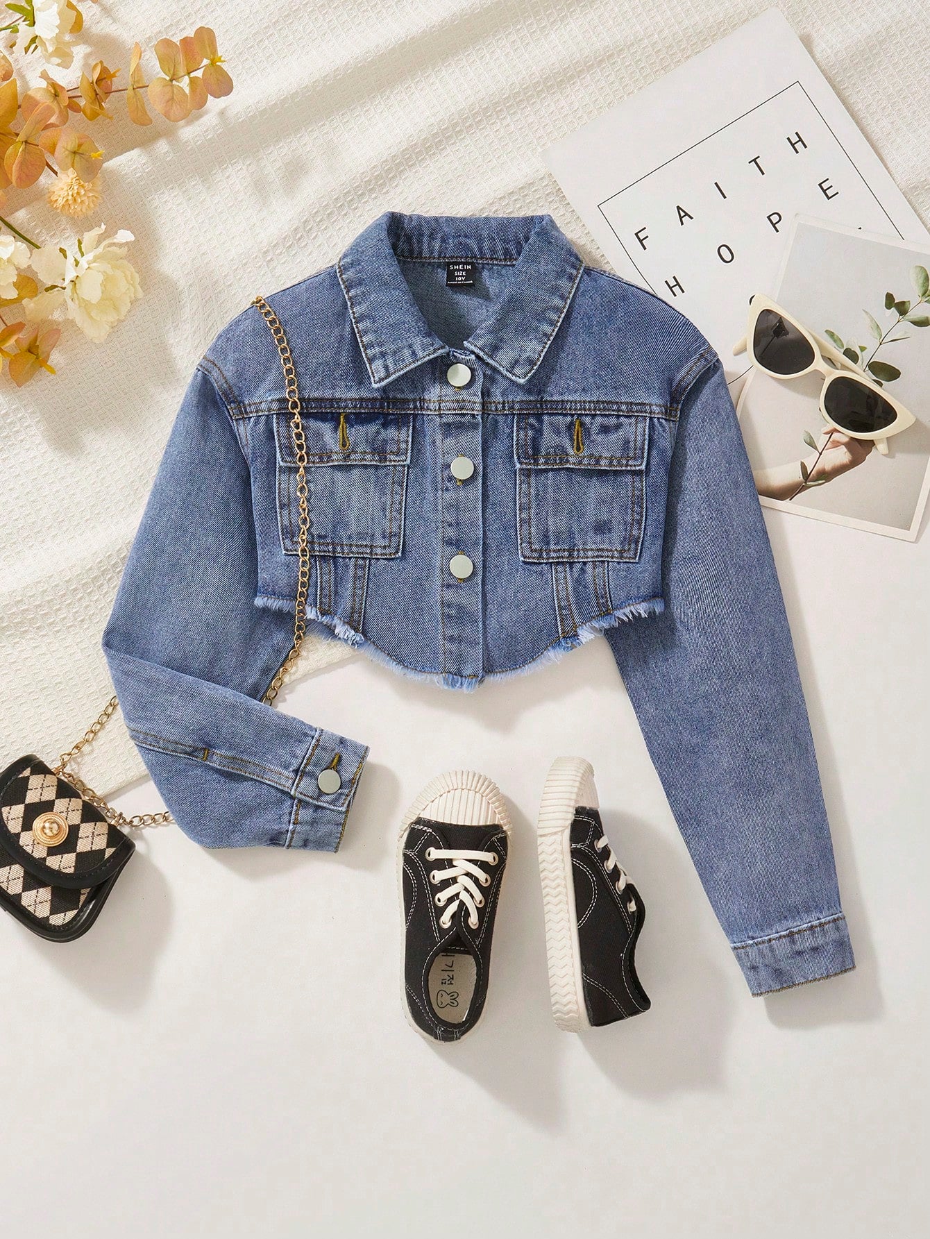 Kids Tween Girl Flap Pocket Raw Hem Crop Denim Jacket