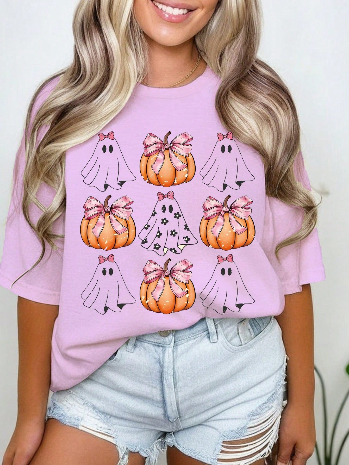 Plus Size Crew Neck Pumpkin Printed Short Sleeve Top, Casual Everyday Wear