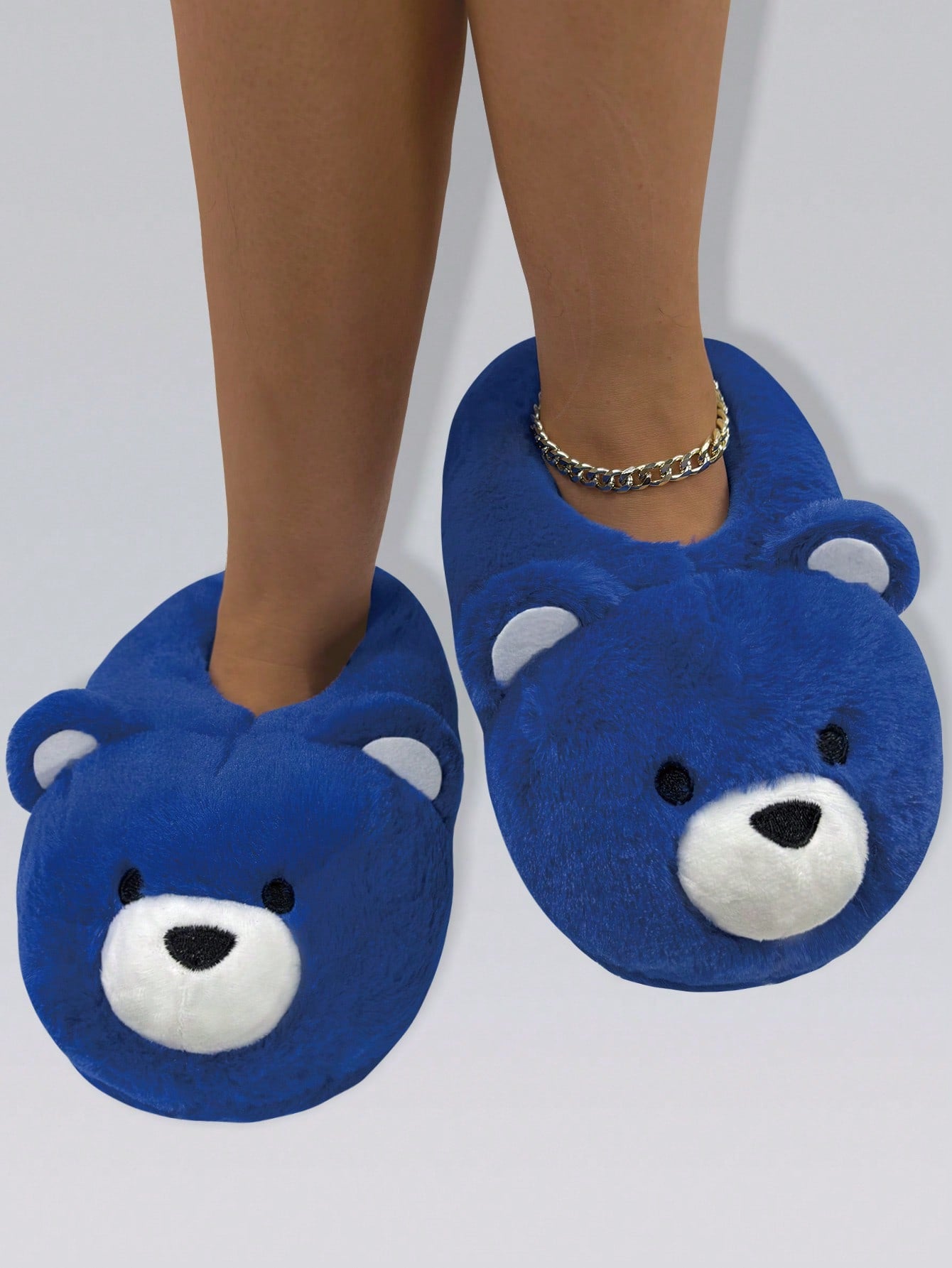 Brown Embroidered Closed Toe Teddy Bear Fleece Lined Slip-On House Slippers For Women