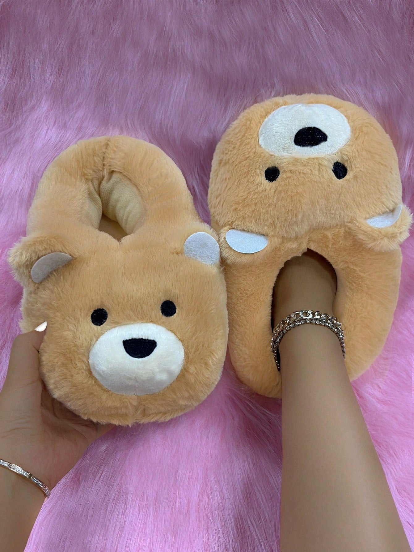 Brown Embroidered Closed Toe Teddy Bear Fleece Lined Slip-On House Slippers For Women