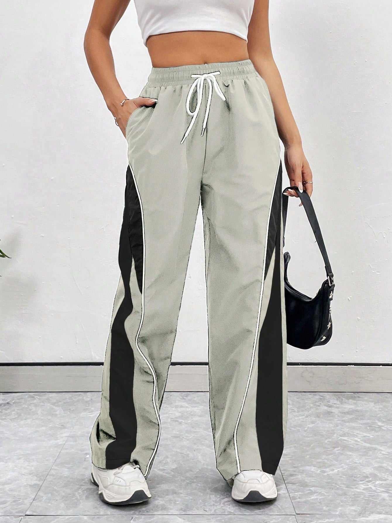 Women's Drawstring Waist Two-Tone Casual Sports Pants With Side Pockets