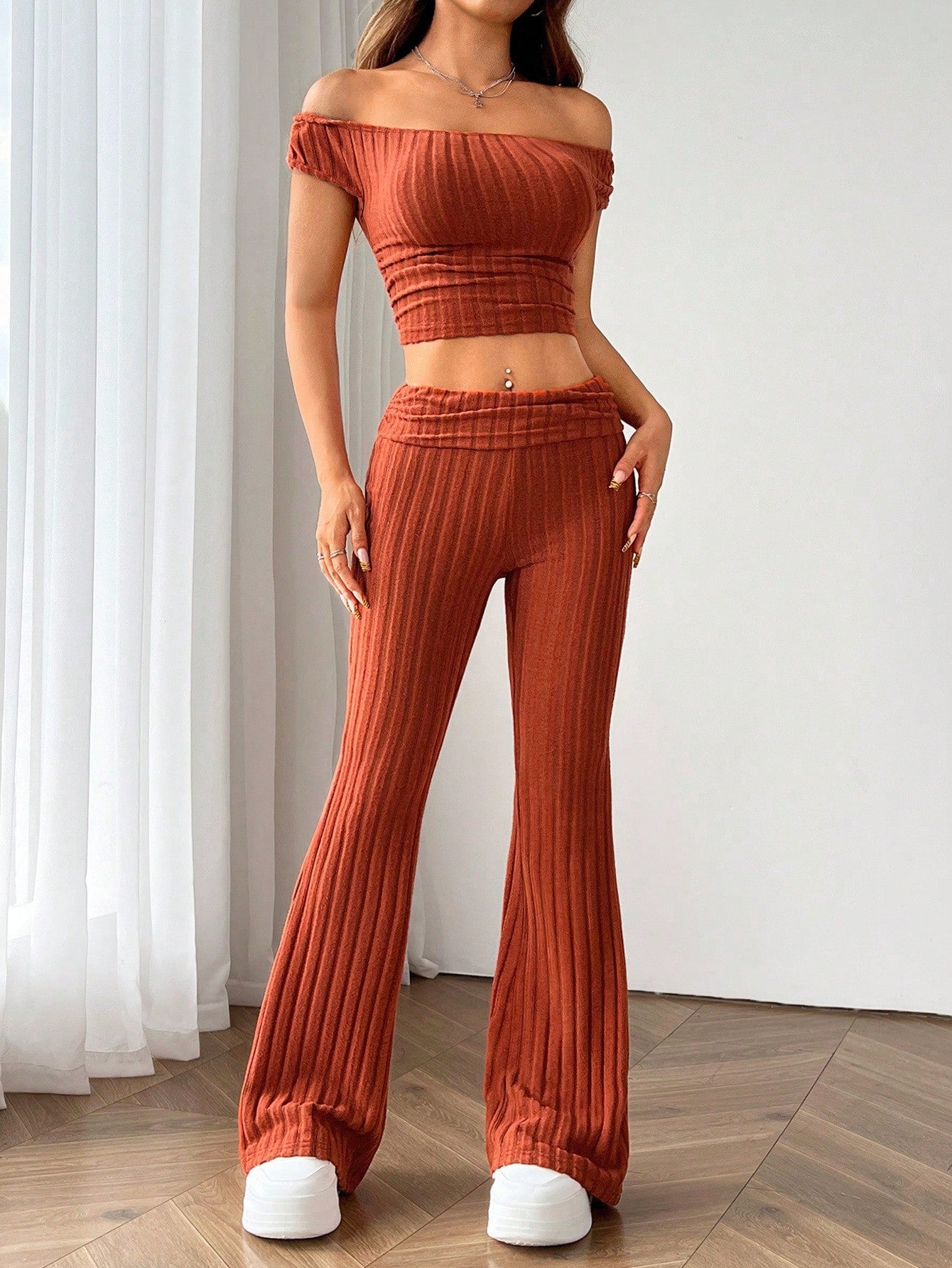 Women Summer Solid Color Off Shoulder Short Sleeve Wrinkled Cropped Slim Fit Top And Bell-Bottom Pants Casual Two-Piece Set