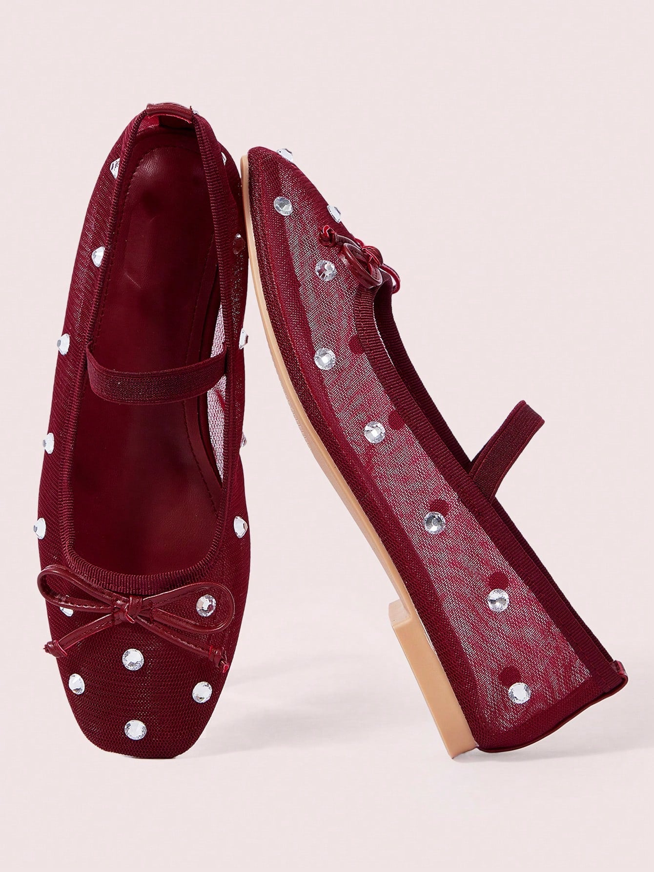 Burgundy Mesh Rhinestone Bow Ballerina Flats