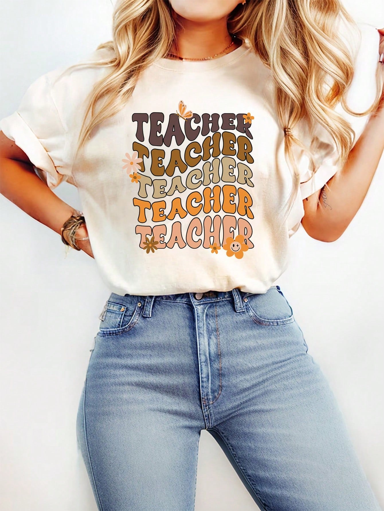 カジュアルミニマリストパターンラウンドネック半袖プラスサイズTシャツ、夏に最適、女性用 TEACHER TEACHER TEACHER TEACHER TEACHER