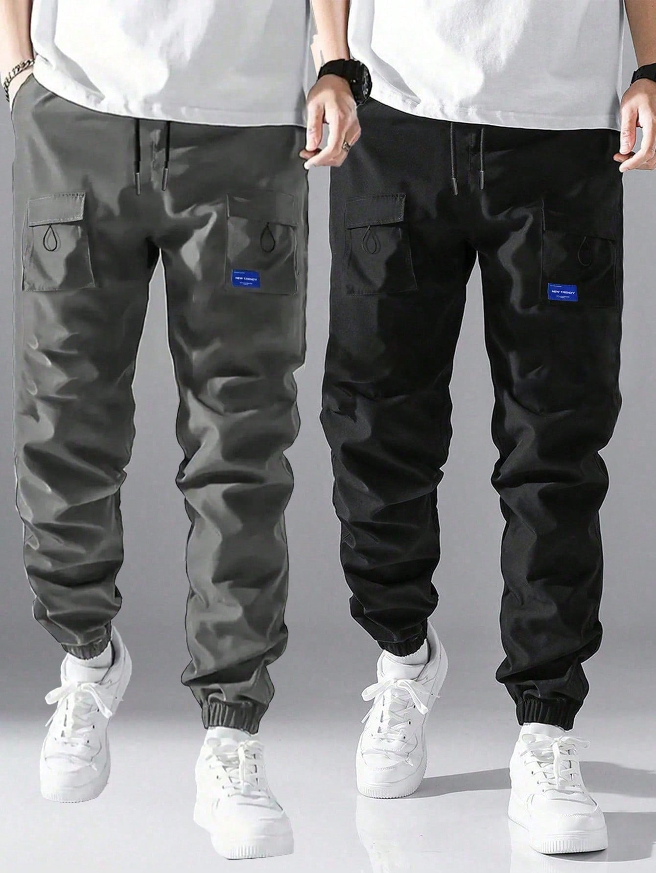 2pcs/Set Tween Boys' Casual Drawstring Cargo Pants, Spring/Summer/Fall, Without Velvet, Back To School College Style