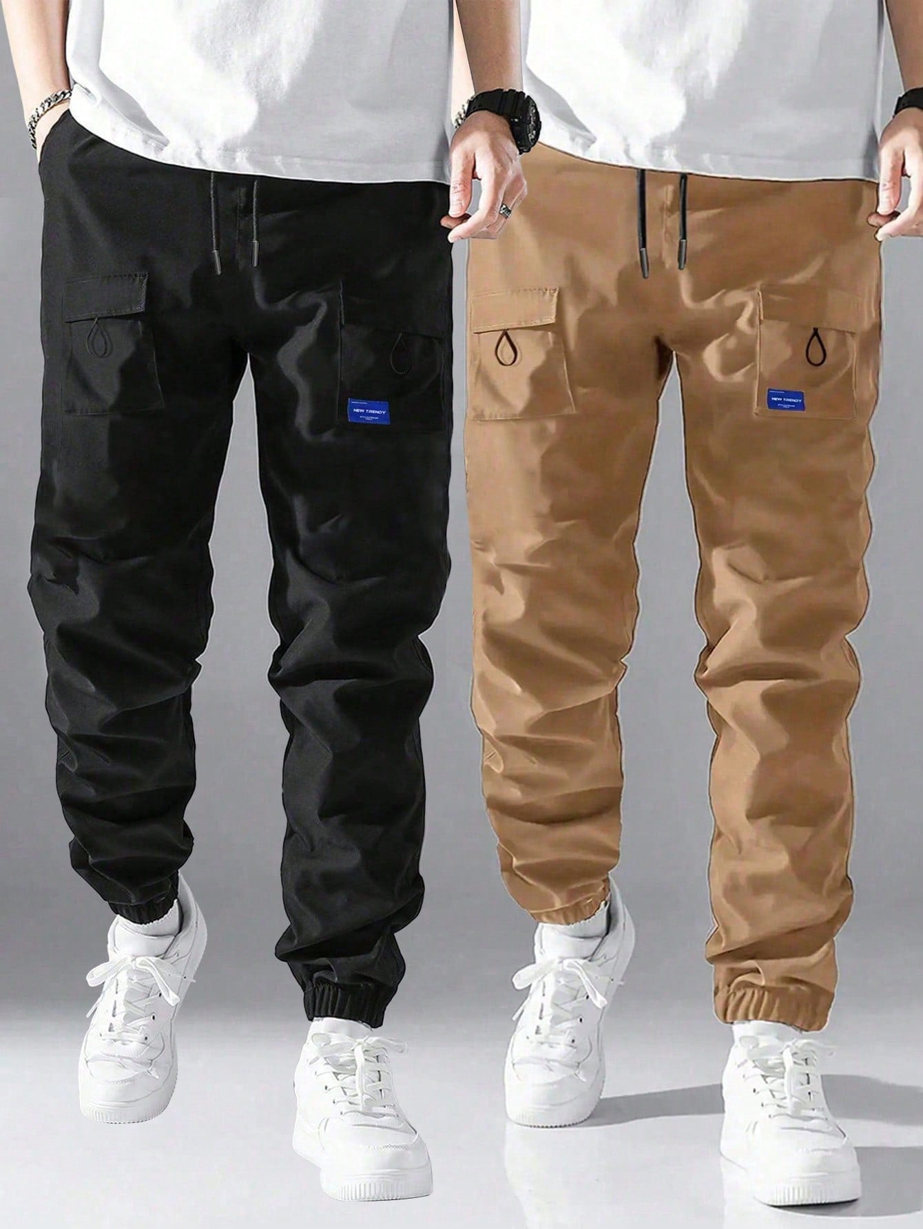 2pcs/Set Tween Boys' Casual Drawstring Cargo Pants, Spring/Summer/Fall, Without Velvet, Back To School College Style