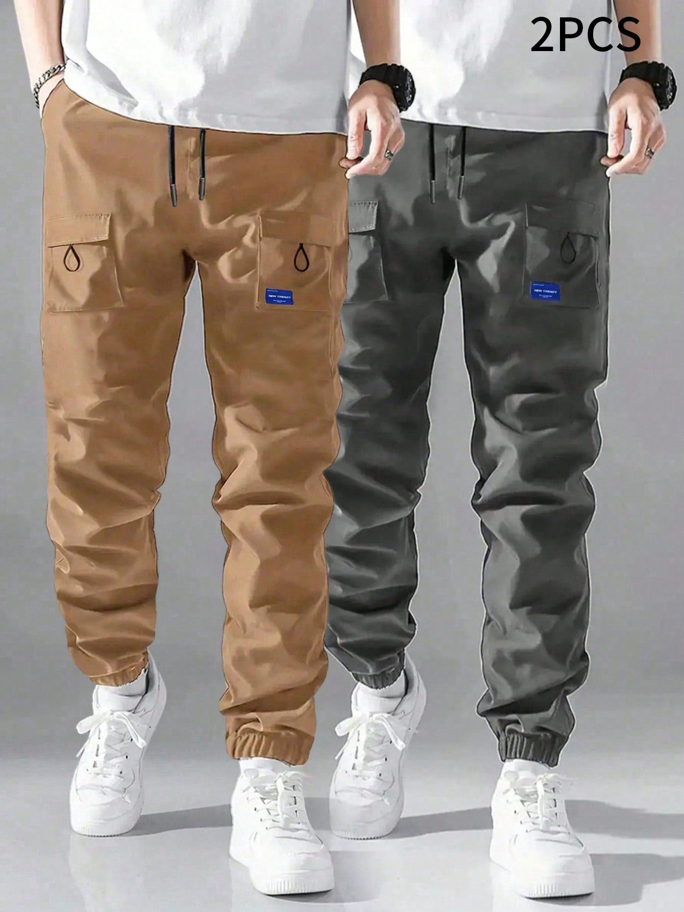 2pcs/Set Tween Boys' Casual Drawstring Cargo Pants, Spring/Summer/Fall, Without Velvet, Back To School College Style