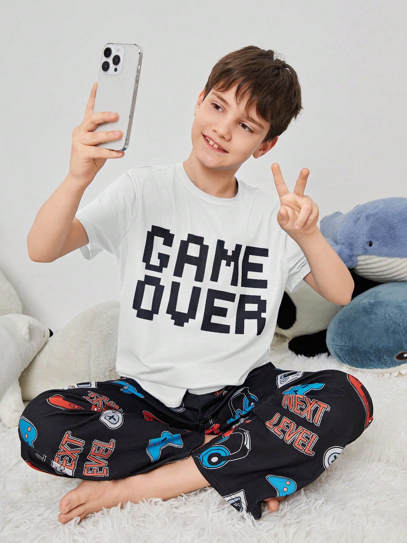 Tween Boy Thank You Comfortable Loose-Fitting Letter Pattern Short Sleeve Long Pants Flame Retardant Sleepwear Set