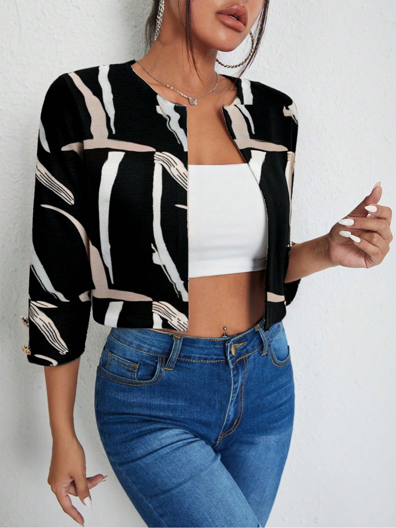 1pc Solid Open Front Crop Jacket